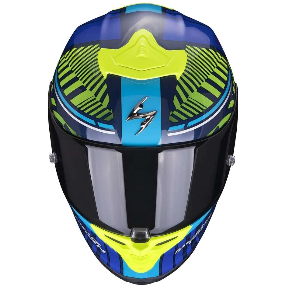 Scorpion Integrierter Motorradhelm Aus Skorpionfaser EXO-R1 LUFTVICTORY Blau Gelb Fluo 2 Scorpion Integrierter Motorradhelm Aus Skorpionfaser EXO-R1 LUFTVICTORY Blau Gelb Fluo – Bild 2