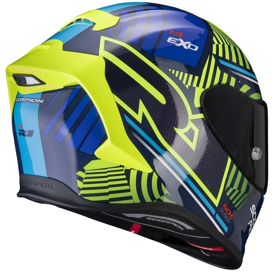 Scorpion Integrierter Motorradhelm Aus Skorpionfaser EXO-R1 LUFTVICTORY Blau Gelb Fluo 3 Scorpion Integrierter Motorradhelm Aus Skorpionfaser EXO-R1 LUFTVICTORY Blau Gelb Fluo – Bild 3