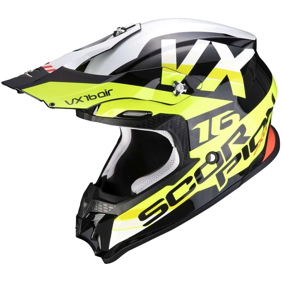 Scorpion Moto Cross Enduro Helm Skorpion VX-16 AIR X-TURN Schwarz Gelb Fluo Weiß 1 Scorpion Moto Cross Enduro Helm Skorpion VX-16 AIR X-TURN Schwarz Gelb Fluo Weiß